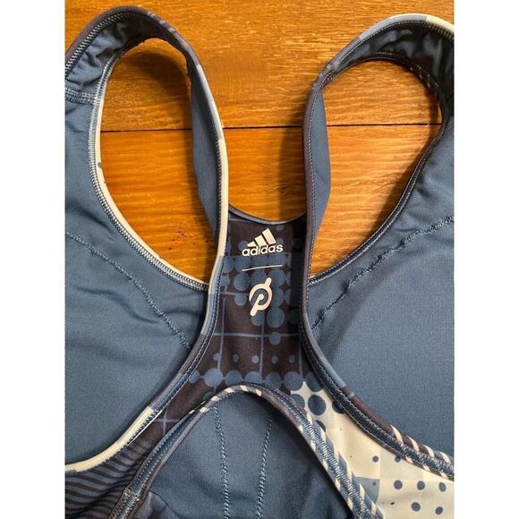 Adidas Peloton L Sports Bra Blue Geometric Racerback Athletic Workout - Picture 6 of 9